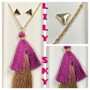 Lily Sky tassel long necklace + gold earring set